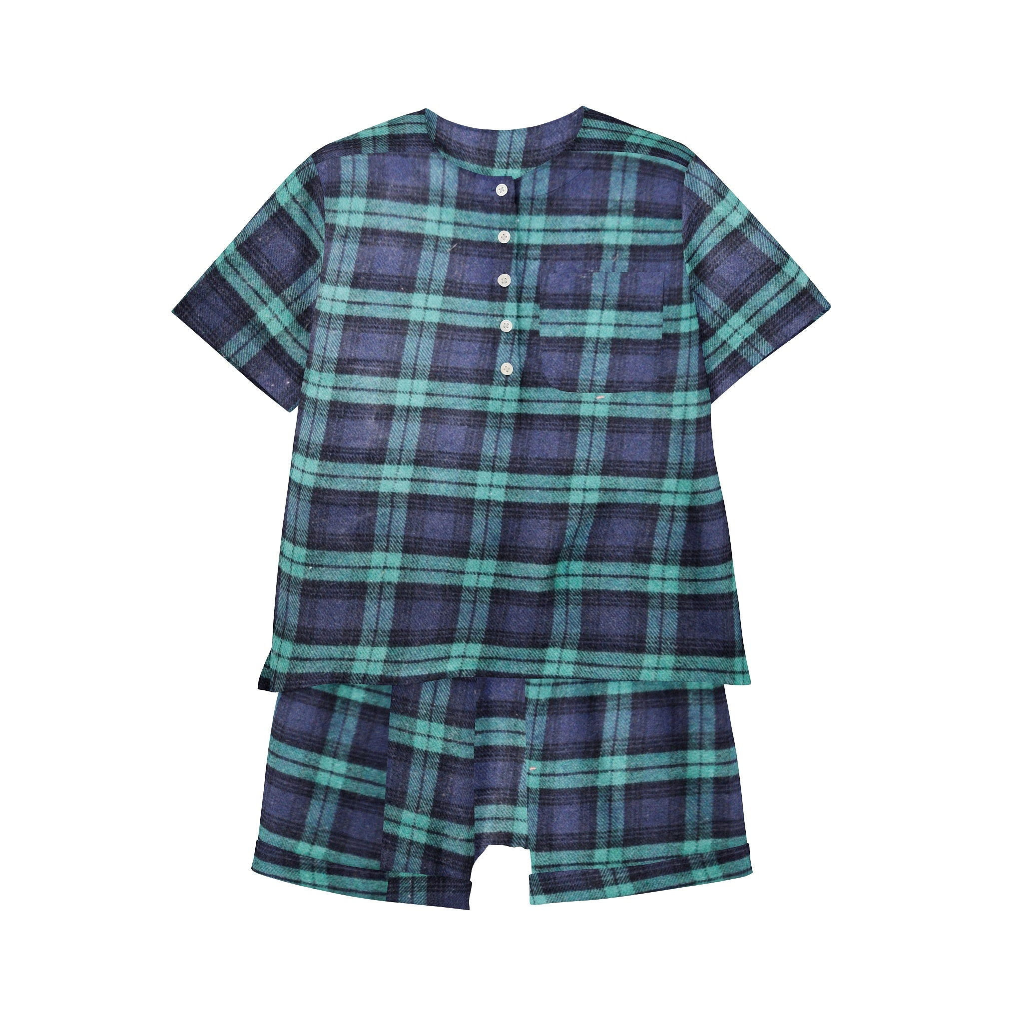 'Green & Navy Blue Checks' Organic Pajama Short Set