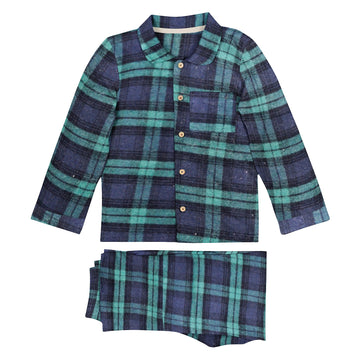 'Green & Navy Blue Checks' Organic Collared Pajama Set